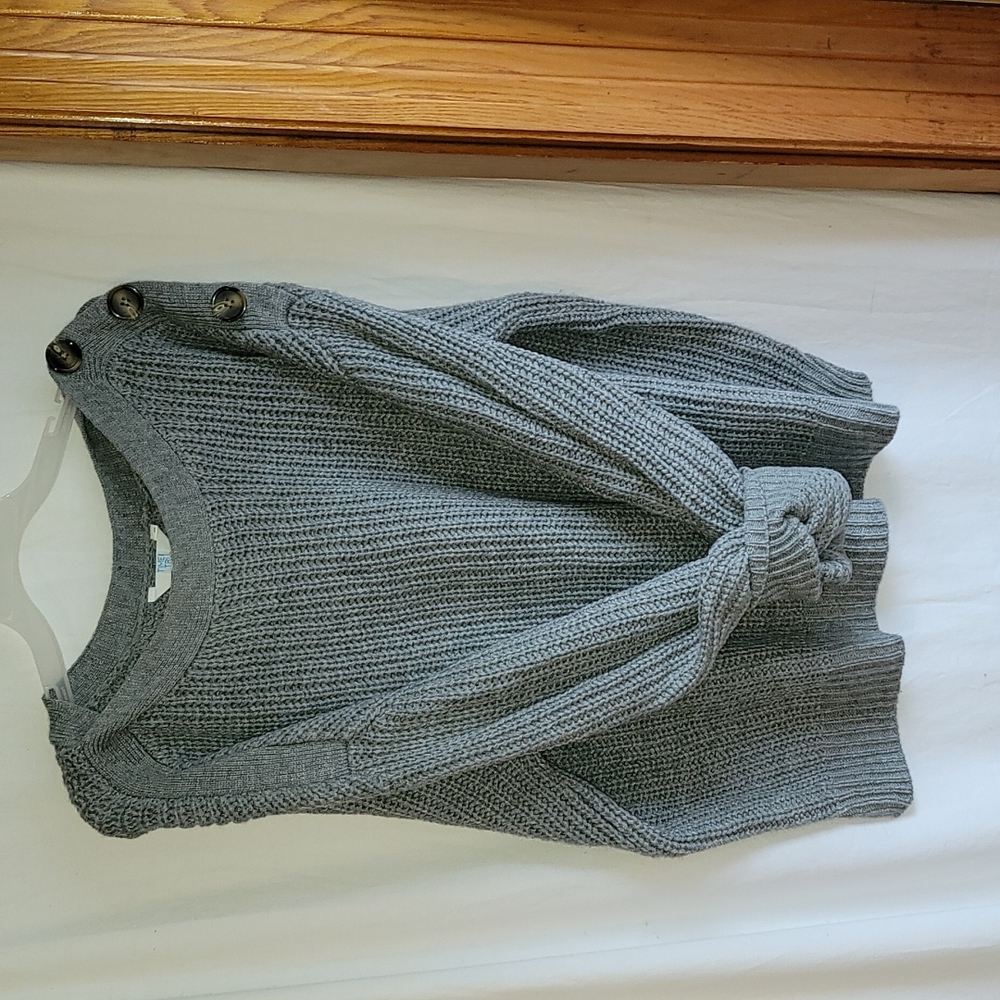 Gray knit button shoulder sweater
